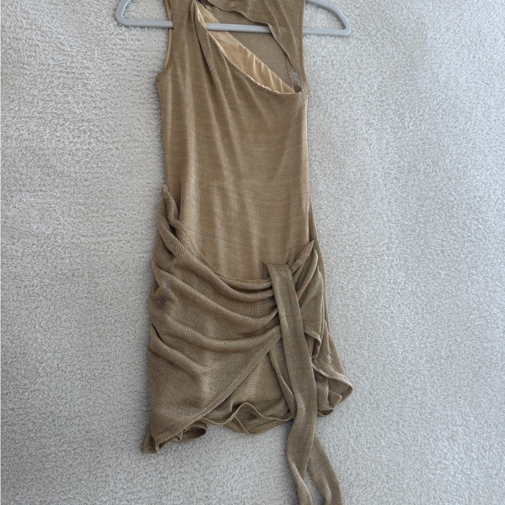 Tiger Mist Tan Mini Dress with Ruched Detail